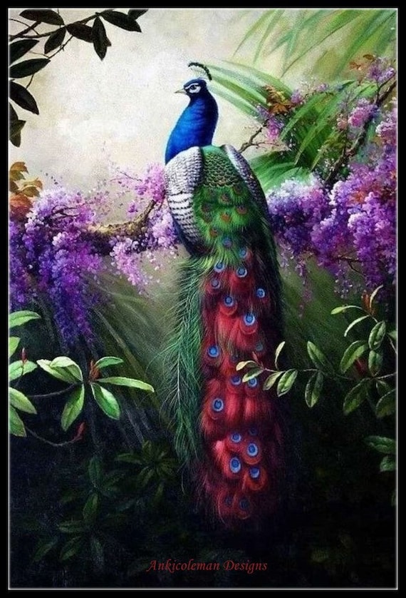 Colorful Peacock Feathers Counted Cross Stitch Chart Pattern