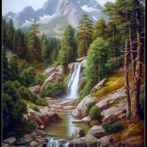 Wasserfall in den Bergen 3 - Kreuzstichmuster Zählmuster - Druckvorlage PDF-Format Handarbeiten Stickerei Basteln DIY DMC color