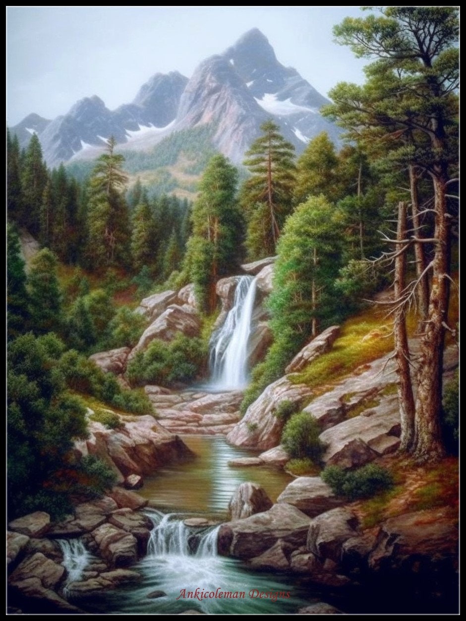 Mountain Waterfall Painting - Etsy