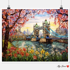 London Bridge in de lente - Getelde kruissteekpatronen - Afdrukbare grafiek PDF-formaat Handwerken Borduren Ambachten DIY DMC-kleur