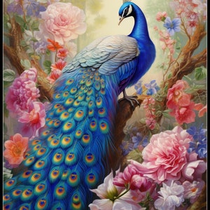 Pauw en bloemen in de jungle 1 - Getelde kruissteekpatronen - Afdrukbare grafiek PDF-formaat Handwerken Borduren Ambachten DIY DMC kleur