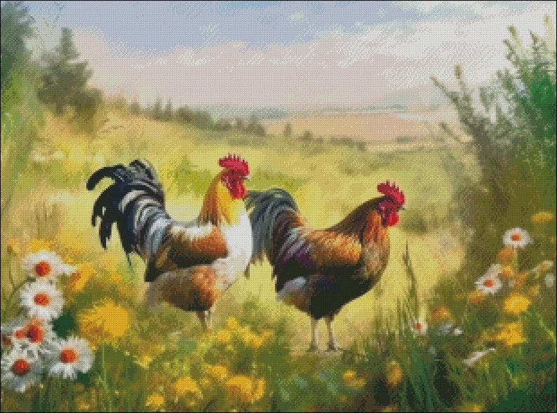 Roosters Counted Cross Stitch Patterns Printable Chart PDF Format