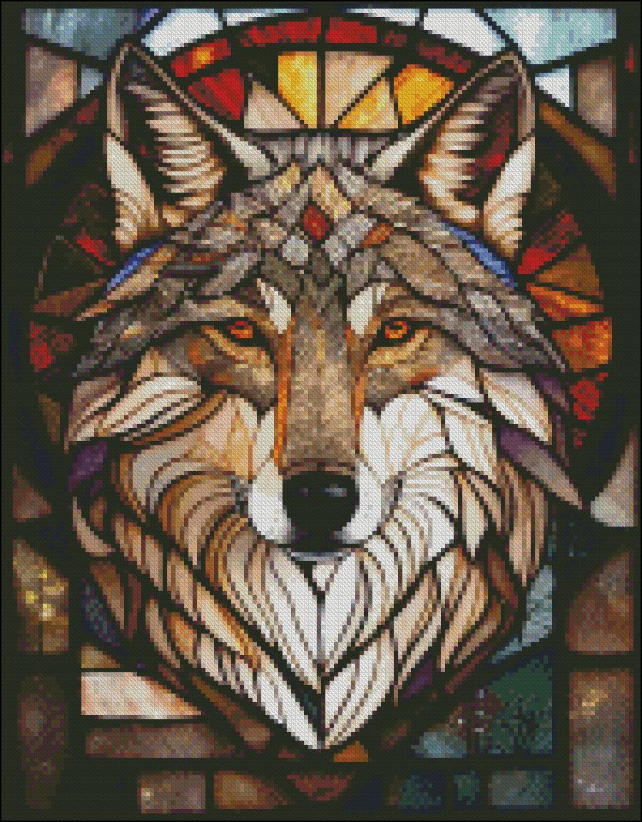 ステンドグラスの狼2 - クロスステッチ図案 - 印刷可能な図案 PDF形式
