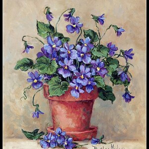 May include: A painting of a terracotta flower pot filled with purple violets. The pot is sitting on a light brown surface. The artist's signature, "Barbara Mock", is visible in the bottom right corner.