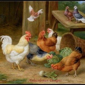 May include: A painting depicting a rooster, hens, and pigeons in a farmyard setting. The rooster is white with a red comb and wattles. The hens are brown and white. The pigeons are grey and brown. There is a basket, a wooden table, and a broom in the background.
