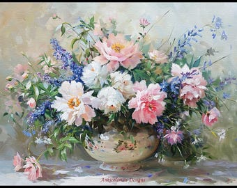 May include: A bouquet of pink and white peonies, blue and purple wildflowers, and green foliage arranged in a cream-colored ceramic vase with a floral pattern.