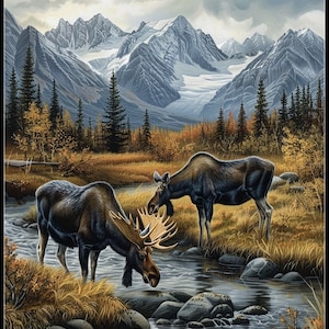 Elch in der Wildnis Alaskas - Zählmuster - Druckbare Tabelle, PDF-Format, Handarbeiten, Stickerei, Basteln, DIY, DMC