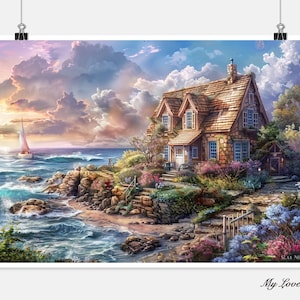 Seacove Cottage - getelde kruissteekpatronen - afdrukbare grafiek pdf-formaat handwerken borduren ambachten DIY DMC kleur
