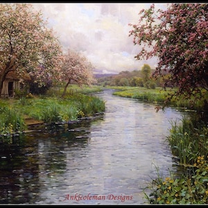 May include: A painting of a river flowing through a lush green landscape. The river is surrounded by trees, some of which are in bloom. A small cottage is visible in the distance. The painting is in a realistic style and features a soft, muted color palette.