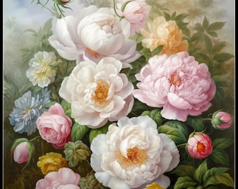 May include: A painting of a bouquet of white, pink, and yellow peonies with green leaves and buds. The flowers are arranged in a vase and the background is a soft blue sky.