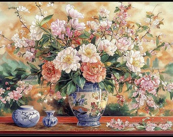 May include: A watercolor painting of a floral arrangement in a blue and white vase. The bouquet features large, peach and white peonies, with smaller pink and white blossoms. Two smaller matching vases are in the foreground.