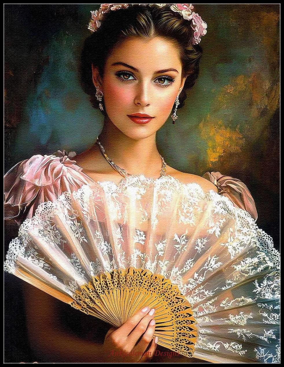 大きな扇風機を持つ女性2 - クロスステッチ図案 - 印刷可能な図案 PDF