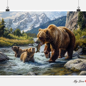 Bear’s River Hunt 1 - Getelde kruissteekpatronen - Afdrukbare grafiek PDF-formaat Handwerk Borduurambachten DIY DMC-kleur