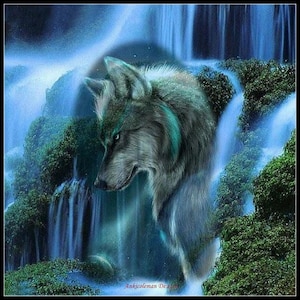 Waterfall Scenic Wolf - Counted Cross Stitch Patterns - Printable Chart PDF Format Needlework Embroidery Crafts DIY DMC color