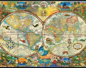 Vintage World Map - Counted Cross Stitch Patterns - Printable Chart PDF Format Needlework Embroidery Crafts DIY DMC color