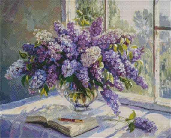 花瓶の中のライラック 7 - クロスステッチ パターン - 印刷可能な