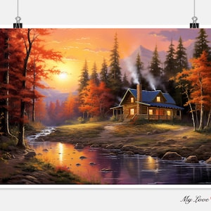 Cabin in Woods - Getelde kruissteekpatronen - Afdrukbare grafiek PDF-formaat Handwerk Borduurambachten DIY DMC-kleur