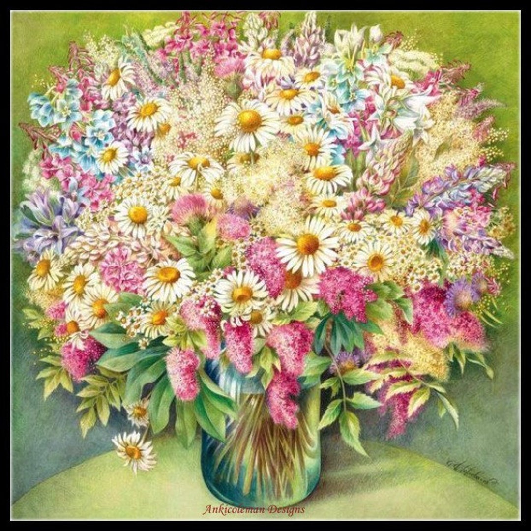 Blooming Flowers in Vase 1 - Counted Cross Stitch Patterns - Printable ...