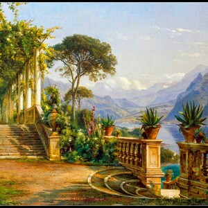May include: A painting depicting a classical garden with a lake and mountains in the background. The garden includes a stone staircase, columns, and potted plants. The sky is blue with clouds. The painting is framed in black.