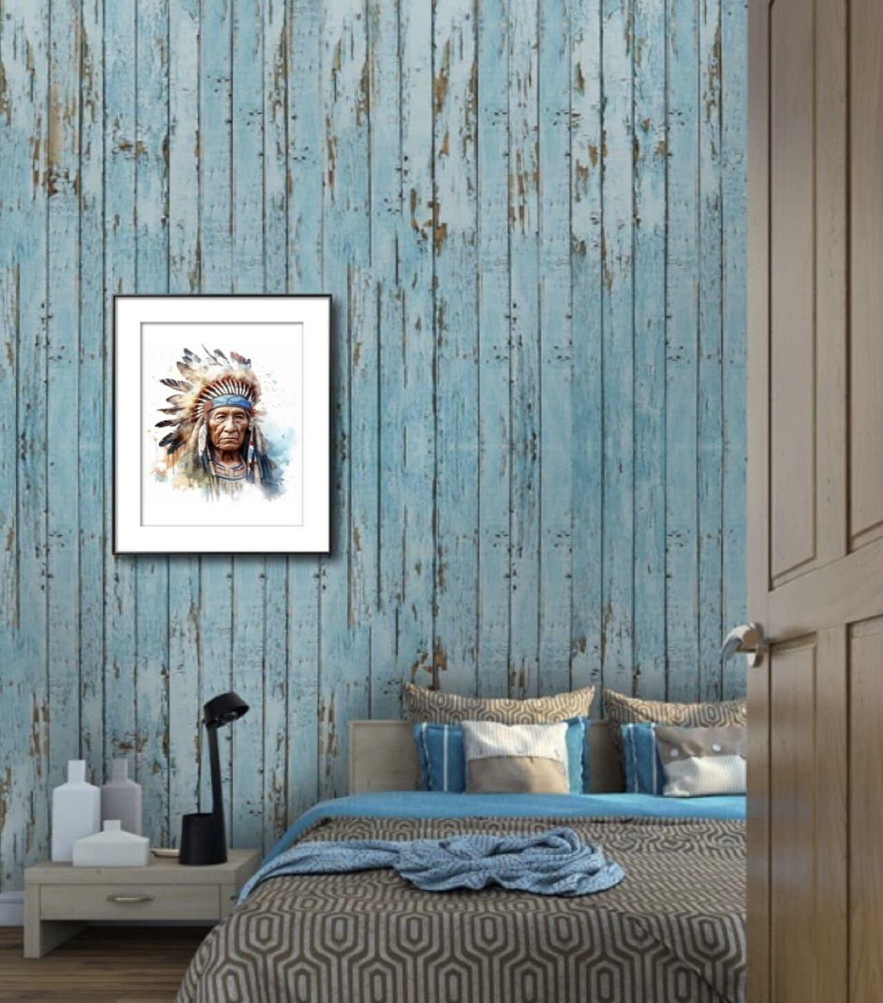 ネイティブアメリカンインディアンチーフの印刷可能な壁アート、水彩画
