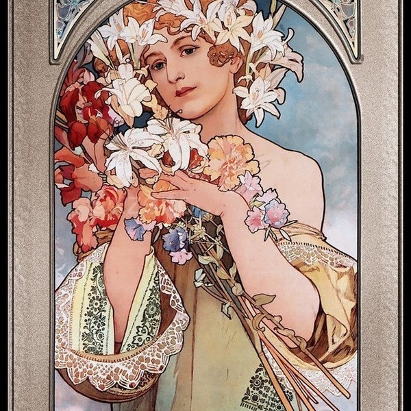 Blume – Alphonse Mucha - Kreuzstichmuster Zählmuster - Druckvorlage PDF Format Handarbeiten Sticken Basteln DIY DMC Farbe