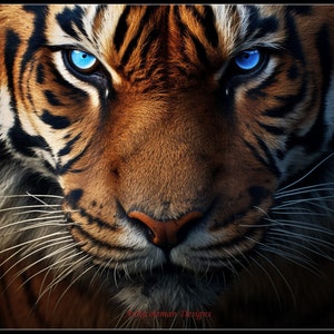 May include: Close-up of a tiger's face with striking blue eyes. The tiger has orange and black stripes, with long white whiskers. The image is a digital art print, with the artist's signature in the bottom right corner.
