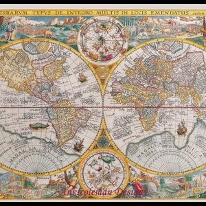 May include: A vintage world map with a circular design, featuring detailed illustrations of continents and oceans. The map is surrounded by a decorative border with images of people and animals. The text "ORBIS TERRA RVM TYPVS DE INTEGRO MULTIS IN LOCIS EMENDATUS" is printed at the top of the map.