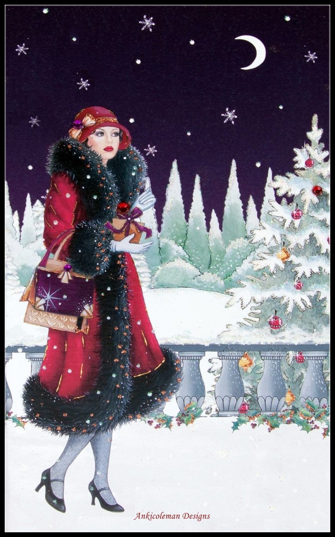 Art Deco Lady 4 Christmas Shopping Counted Cross Stitch Patterns