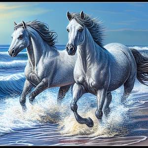 Beach Running Horses - Counted Cross Stitch Patterns - Printable Chart PDF Format Needlework Embroidery Crafts DIY DMC color