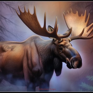 May include: A large brown moose with large antlers stands in a foggy forest. The moose has a golden band around its antlers. The background is a purple and blue gradient.