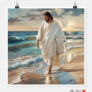 Jezus loopt op het strand - Getelde kruissteekpatronen - Afdrukbare grafiek PDF-formaat Handwerk Borduurambachten DIY DMC-kleur