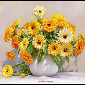 May include: A white ceramic vase filled with a bouquet of yellow and orange flowers. The flowers are arranged in a loose, natural style, and the vase is sitting on a white surface. The image is painted in a realistic style.
