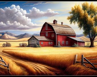 Wheat Field Barn - Counted Cross Stitch Patterns - Printable Chart PDF Format Needlework Embroidery Crafts DIY DMC color