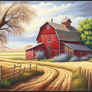 May include: A red barn with a weathered gray roof sits on a grassy field with a dirt road leading to it. The barn has a small window on the side and a larger window on the front. There are trees and hills in the background.