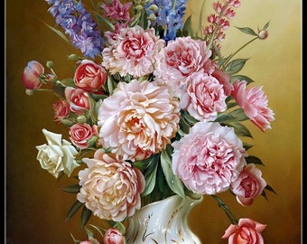 May include: A white ceramic vase with gold accents filled with a bouquet of pink, white, and blue flowers. The flowers include peonies, roses, and delphiniums.