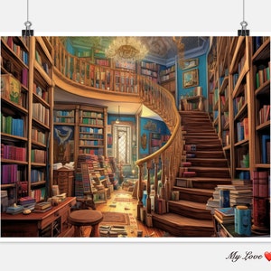 May include: A large, ornate library with a winding staircase leading up to a balcony. The library is filled with bookshelves, and there are many books on the shelves. The walls are painted a light blue, and the ceiling is high and vaulted. There is a chandelier hanging from the ceiling.