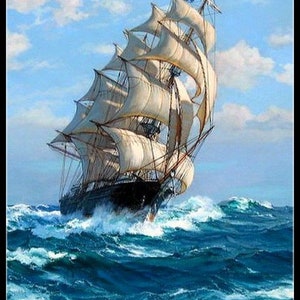 May include: A large, white sailing ship with all sails billowing in the wind, sailing on a blue ocean with whitecaps. The ship is sailing towards the viewer.