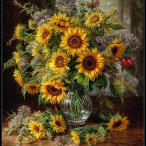 Sunflowers Bouquet in a Vase - Counted Cross Stitch Patterns - Printable Chart PDF Format Needlework Embroidery Crafts DIY DMC color