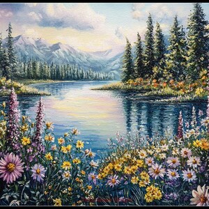 Op de afbeelding: Olieverfschilderij van een sereen landschap met een meer, bergen en groenblijvende bomen. De voorgrond is versierd met kleurrijke wilde bloemen in tinten paars, geel en wit. De lucht is een mix van blauw en wit.