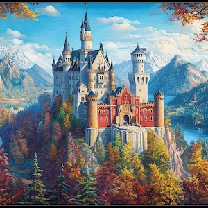 Kasteel Neuschwanstein 5 - getelde kruissteekpatronen - afdrukbare grafiek pdf-formaat handwerken borduren ambachten DIY DMC kleur