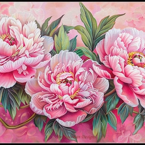 以下が含まれることがあります： ピンクの背景に緑の葉が付いたピンクの牡丹3つを描いた絵画です。