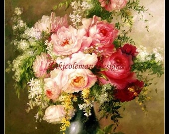 May include: A bouquet of pink, red, and white roses in a dark green vase. The flowers are arranged in a vase on a white table with a light brown background.