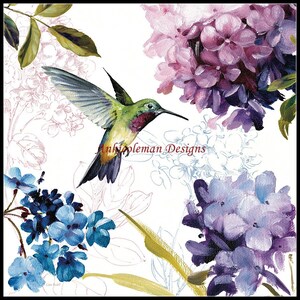 May include: A watercolour painting of a hummingbird in flight with purple and blue flowers. The hummingbird is green, yellow, and red. The flowers are in bloom and have a soft, watercolour effect.