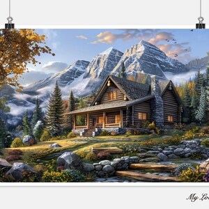 May include: A picturesque print depicting a log cabin in a mountain setting. The cabin has a stone chimney and a porch with warm lighting. The background features snow-covered mountains, trees, and a blue sky. The print is labelled "My Love".