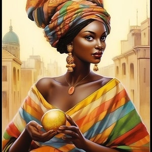 May include: A woman with dark skin is wearing a colourful head wrap and a striped dress. She is holding a yellow fruit in her hands. The background is a cityscape.