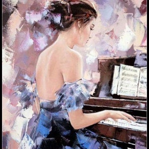 Girl playing the Piano - Counted Cross Stitch Patterns - Printable Chart PDF Format Needlework Embroidery Crafts DIY DMC color