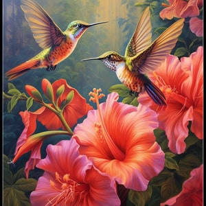 Kolibries en Hibiscus - Getelde kruissteekpatronen - Afdrukbare grafiek PDF-formaat Handwerk Borduurambachten DIY DMC kleur