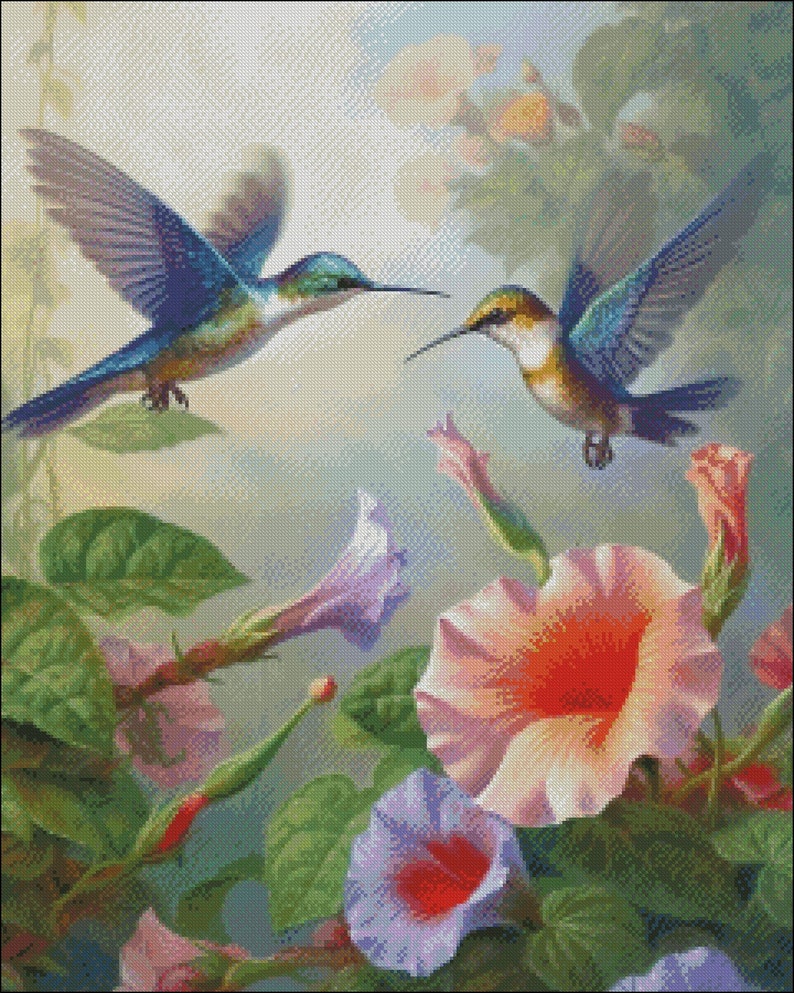 Morning Glories and Hummingbirds Counted Cross Stitch Etsy