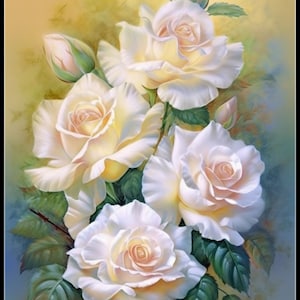 May include: A bouquet of five white roses with green leaves and buds. The roses are arranged in a vase and the background is a soft yellow.