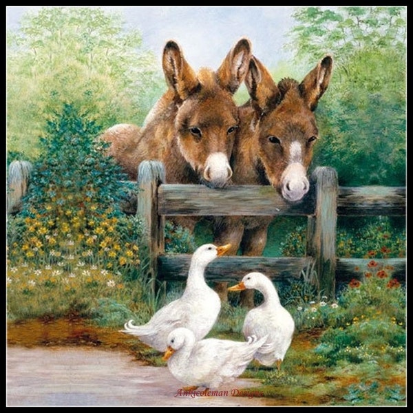 Three Ducks and Two Donkeys - Counted Cross Stitch Patterns - Printable Chart PDF Format Needlework Embroidery Crafts DIY DMC color